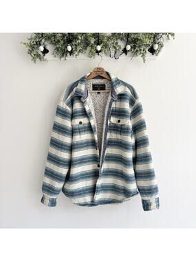 True Grit Blue Beige Striped Sherpa Lined Shacket Large